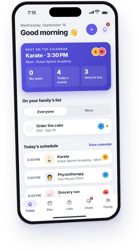 The Today screen in Family Command Central: Karate at 3:30 PM next on the calendar, the cake on the family’s list, and the day’s schedule