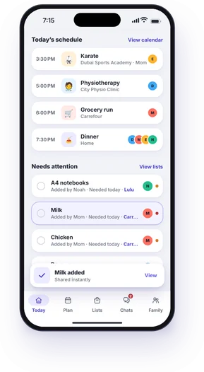 Mom’s Today screen at 7:15 AM: the day’s schedule, milk under Needs attention, and the note “Milk added, shared instantly”