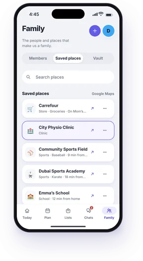 Dad’s Saved places at 4:45 PM, with City Physio Clinic picked and its directions button beside it